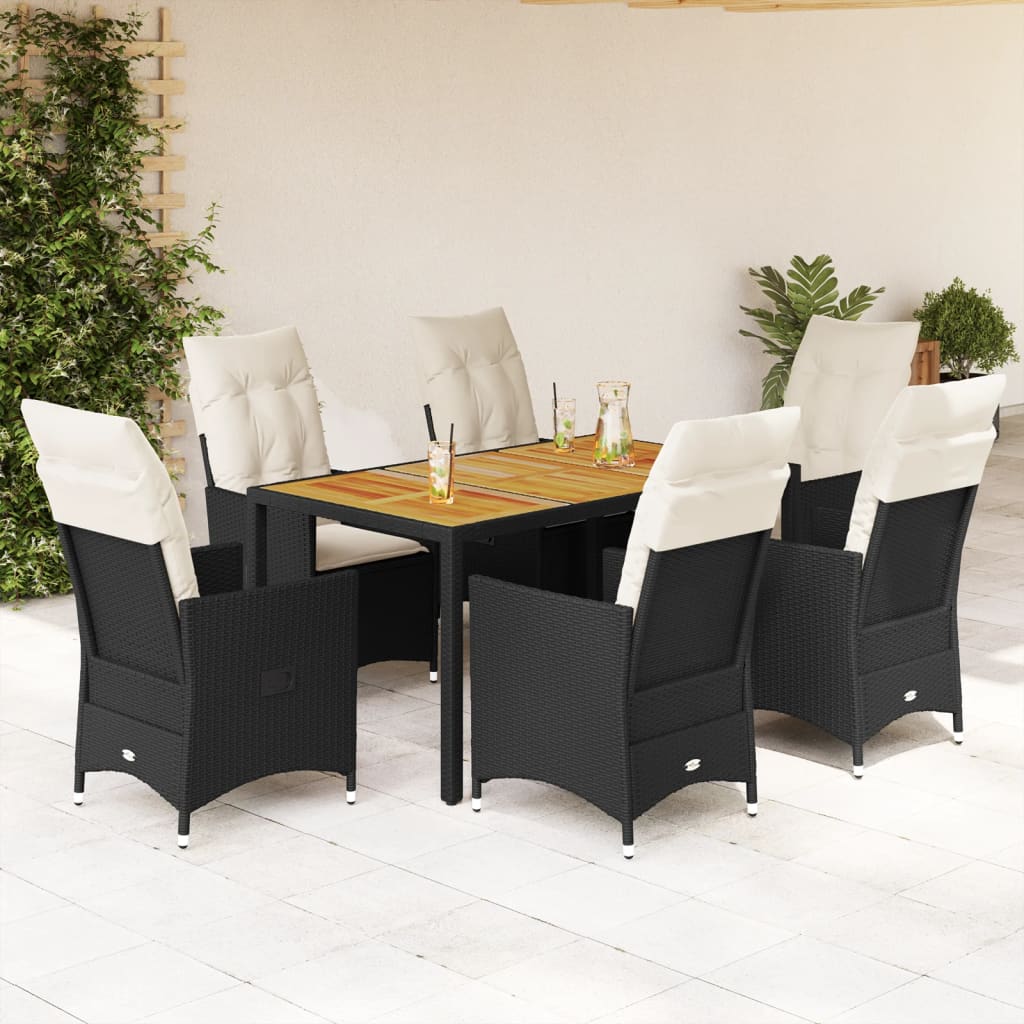 Vetonek Set de comedor de jardín 7 pzas y cojines ratán sintético negro