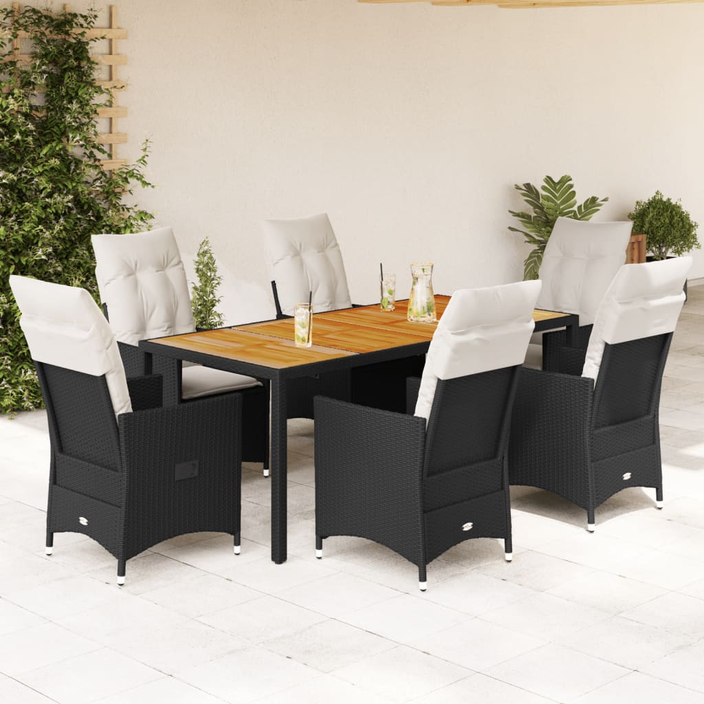 Vetonek Set de comedor de jardín 7 pzas y cojines ratán sintético negro