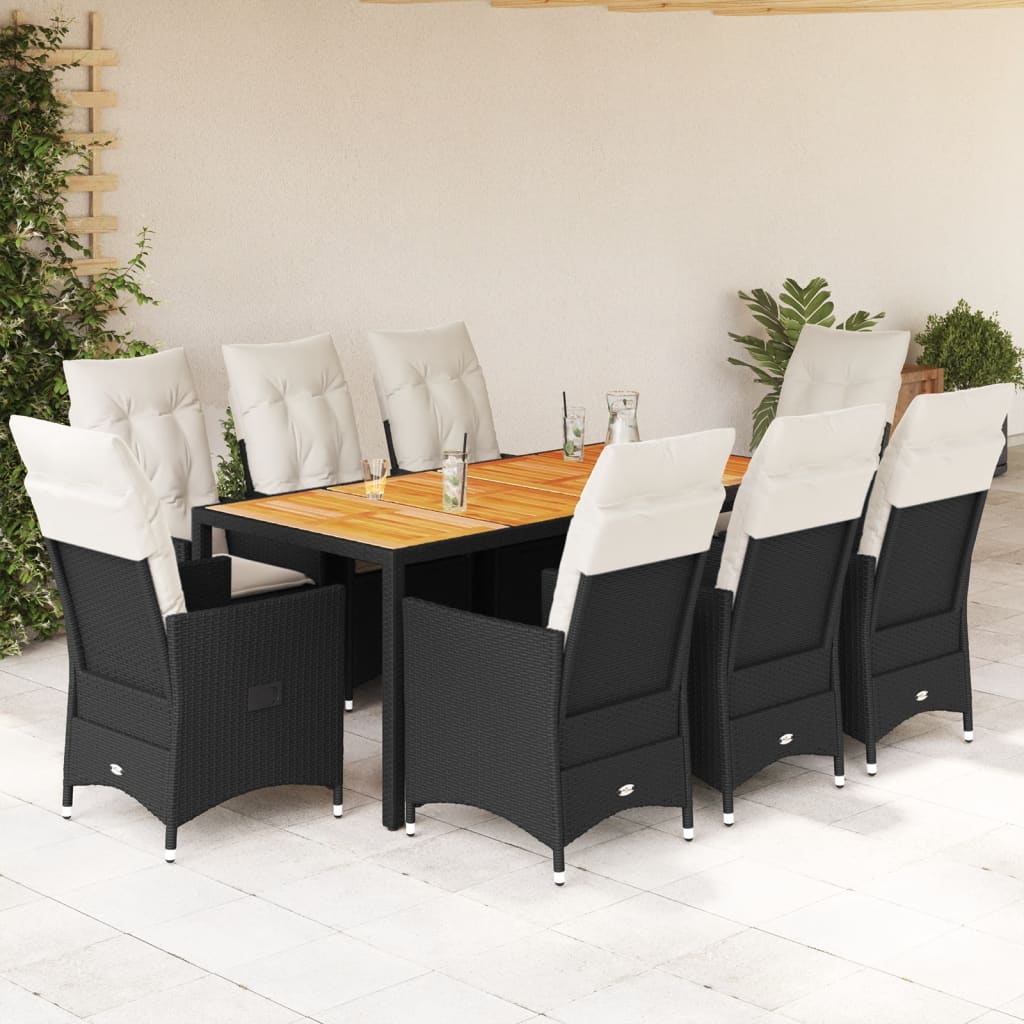 Vetonek Set de comedor de jardín 9 pzas y cojines ratán sintético negro