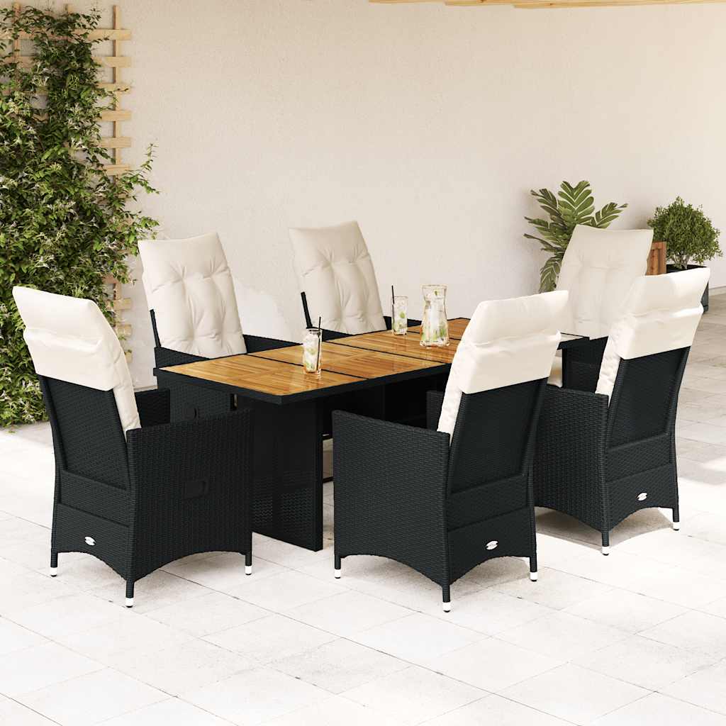 Vetonek Set de comedor de jardín 7 pzas y cojines ratán sintético negro