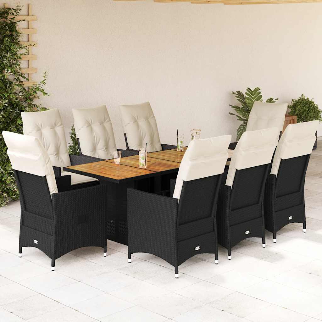 Vetonek Set de comedor de jardín 9 pzas y cojines ratán sintético negro