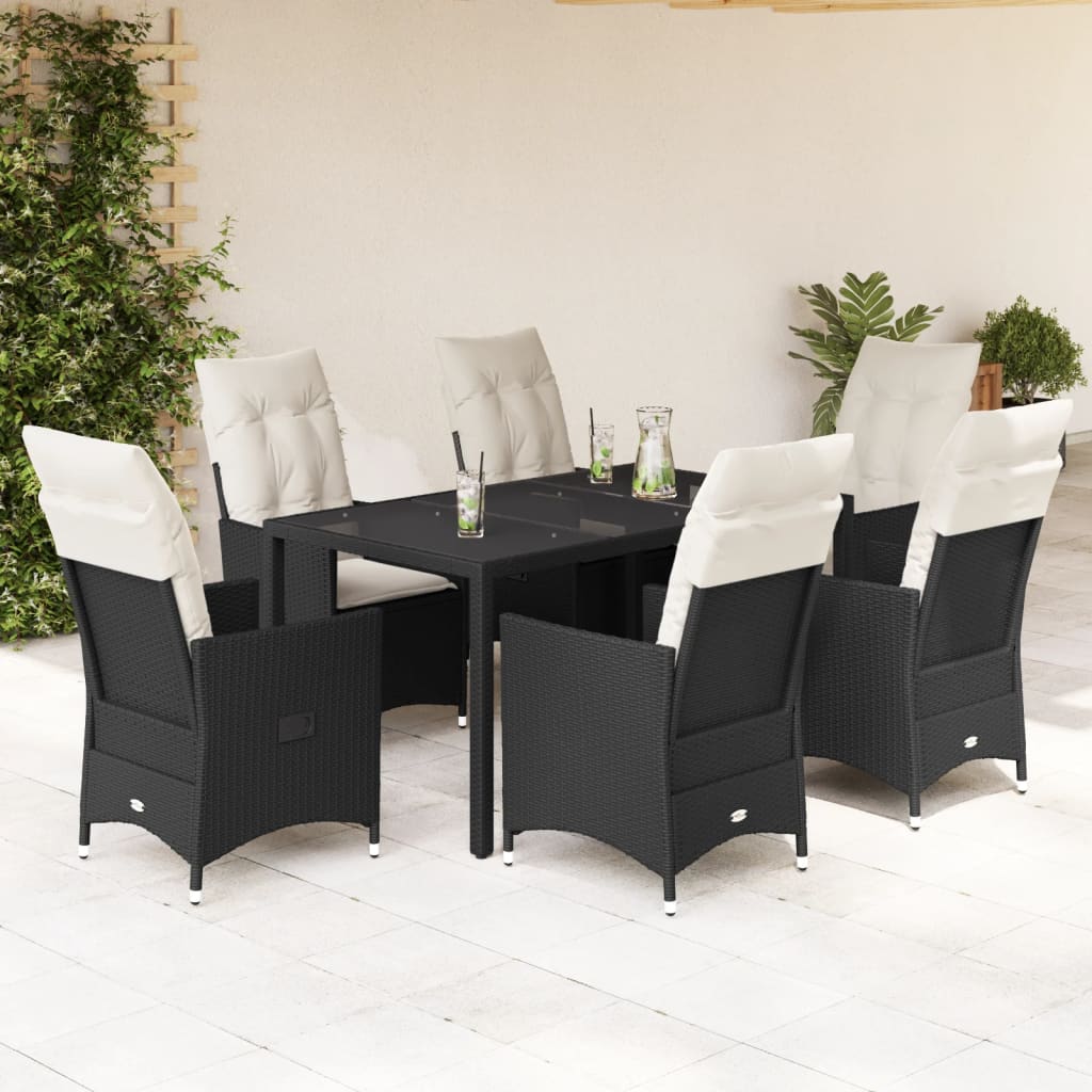 Vetonek Set de comedor de jardín 7 pzas y cojines ratán sintético negro