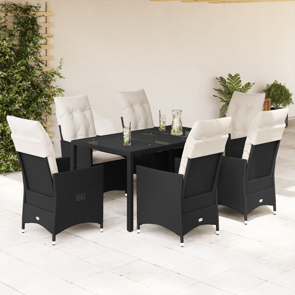 Vetonek Set de comedor de jardín 7 pzas y cojines ratán sintético negro