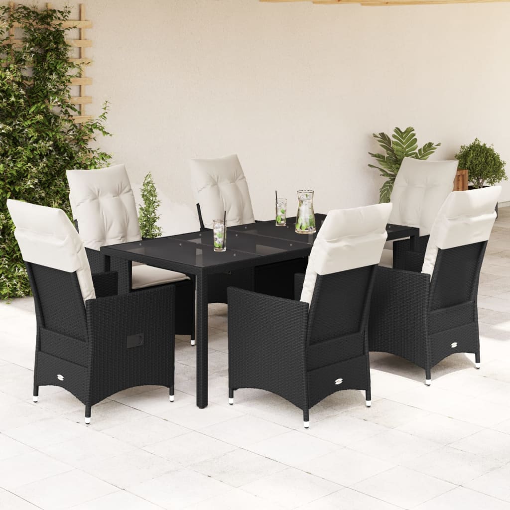 Vetonek Set de comedor de jardín 7 pzas y cojines ratán sintético negro