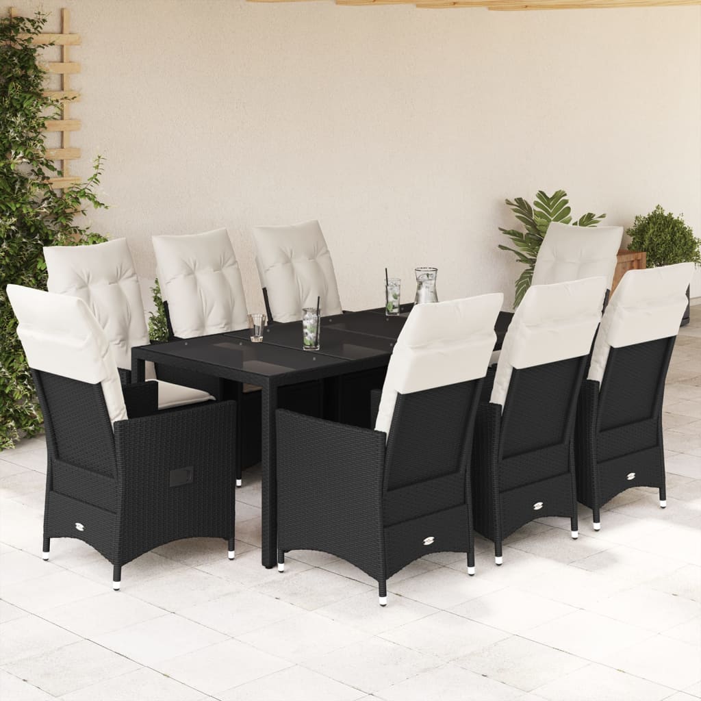 Vetonek Set de comedor de jardín 9 pzas y cojines ratán sintético negro