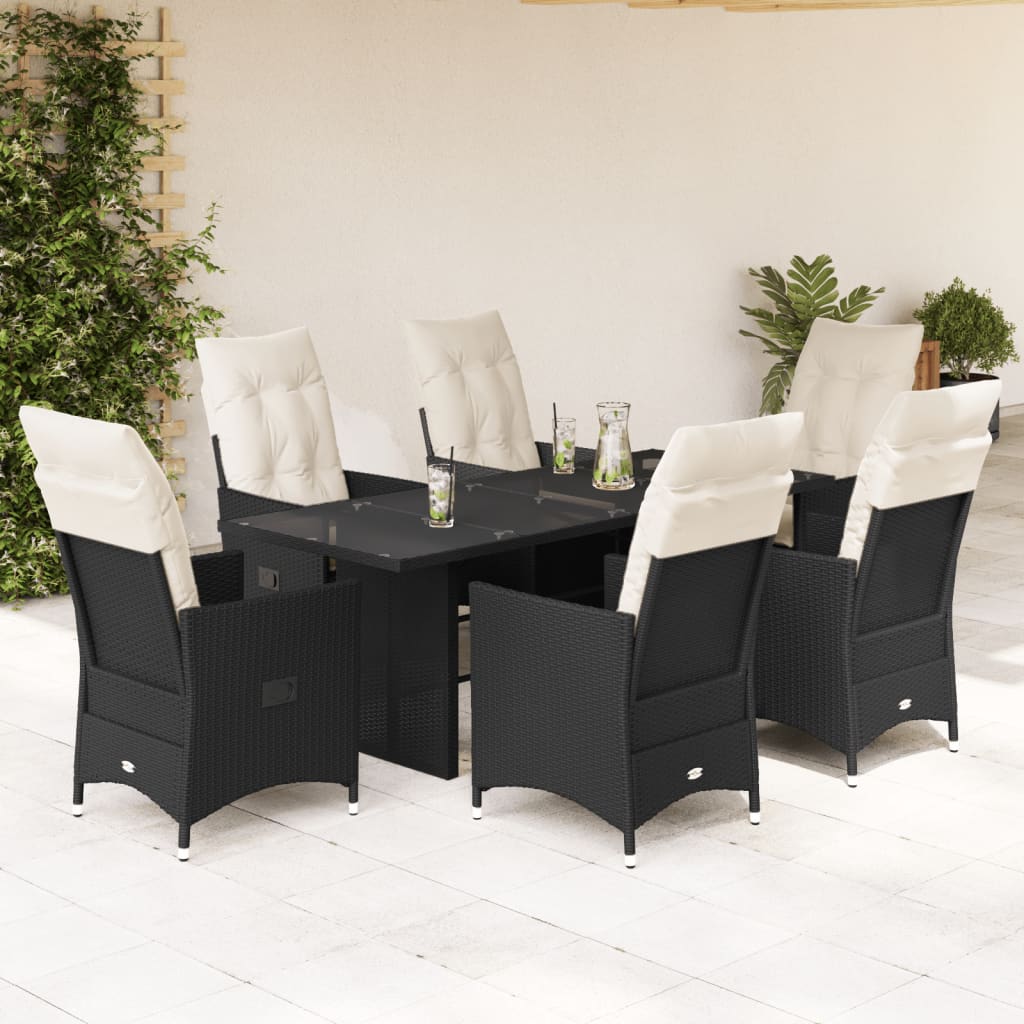 Vetonek Set de comedor de jardín 7 pzas y cojines ratán sintético negro