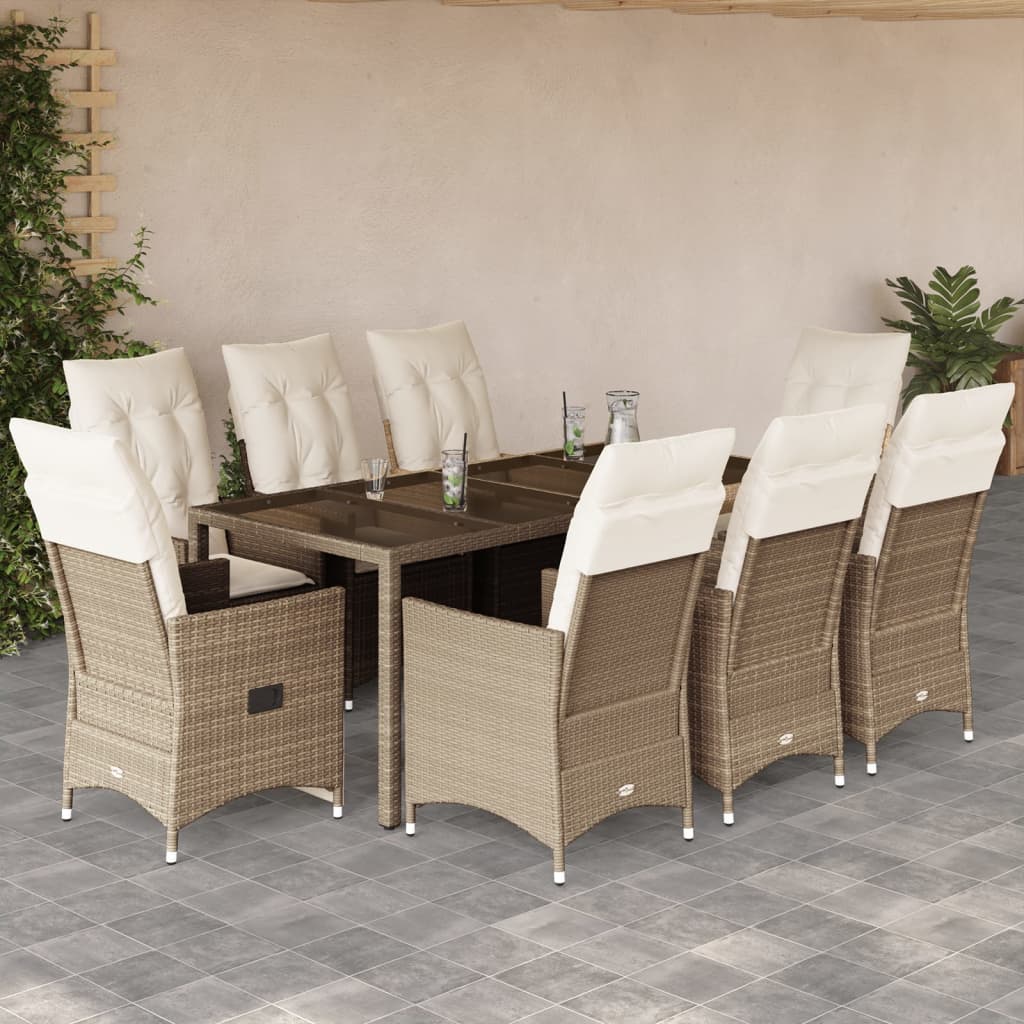 Vetonek Set comedor de jardín 9 pzas con cojines ratán sintético beige