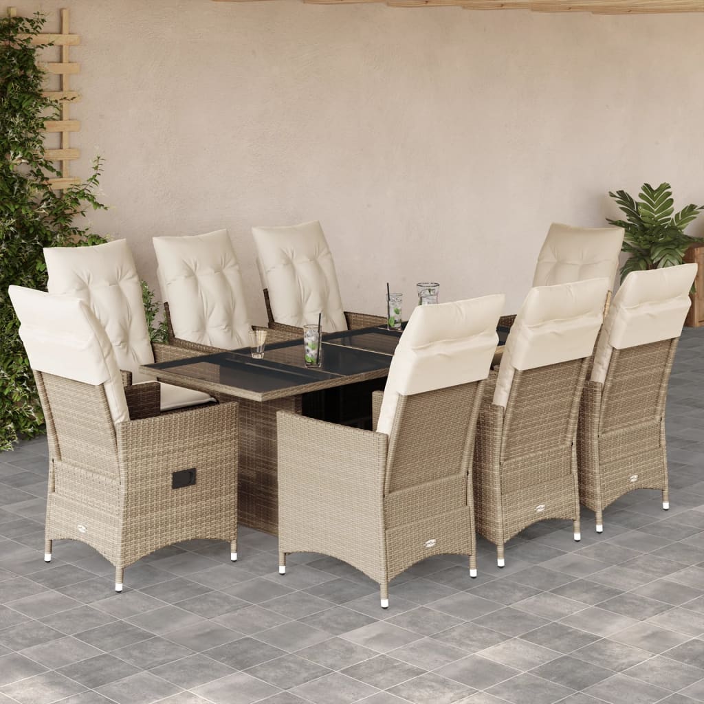 Vetonek Set comedor de jardín 9 pzas con cojines ratán sintético beige