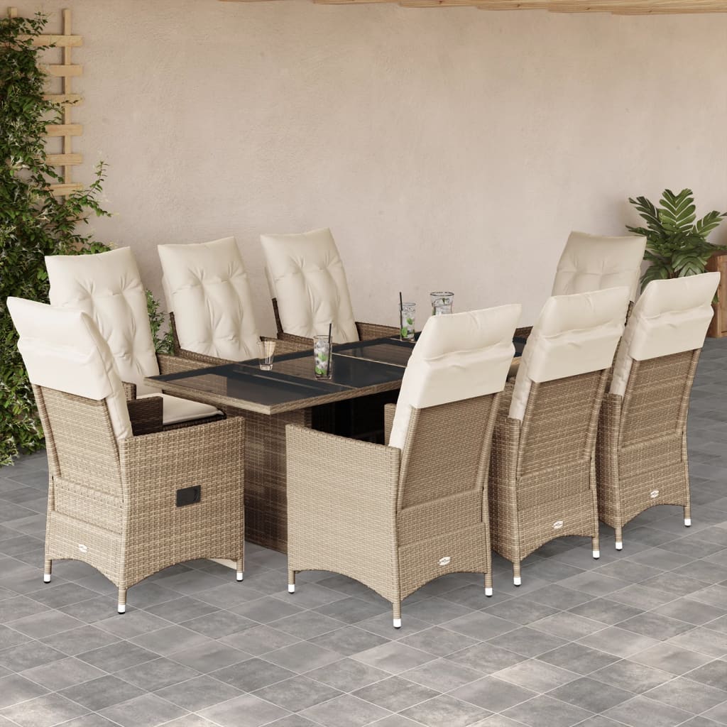 Vetonek Set comedor de jardín 9 pzas con cojines ratán sintético beige