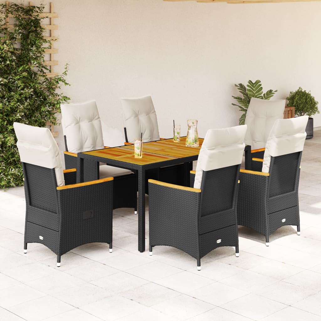 Vetonek Set de comedor de jardín 7 pzas y cojines ratán sintético negro