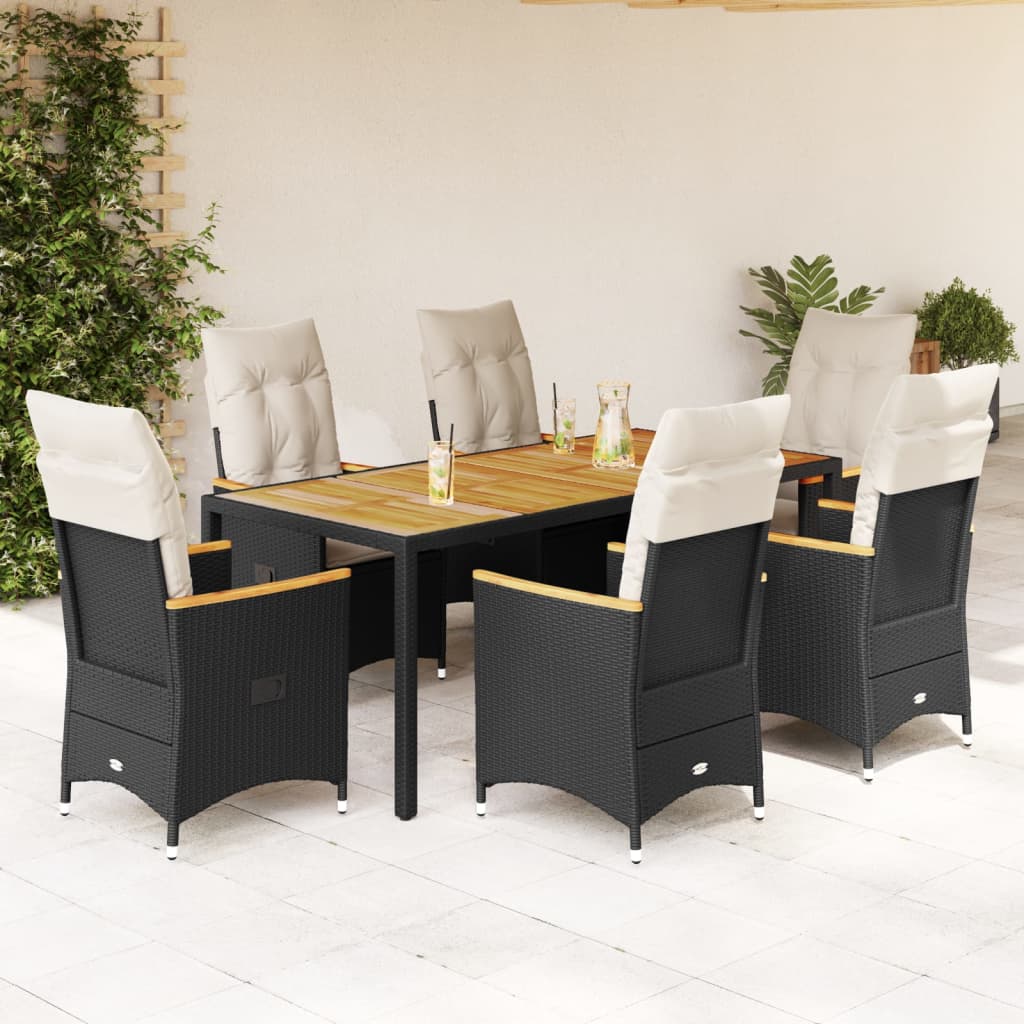 Vetonek Set de comedor de jardín 7 pzas y cojines ratán sintético negro