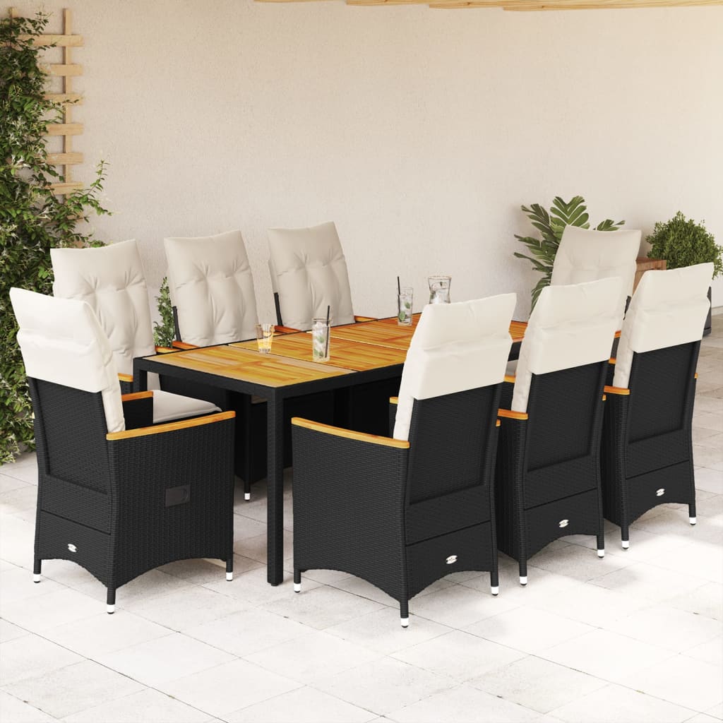 Vetonek Set de comedor de jardín 9 pzas y cojines ratán sintético negro