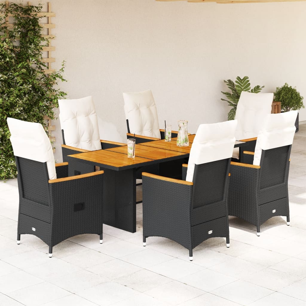 Vetonek Set de comedor de jardín 7 pzas y cojines ratán sintético negro