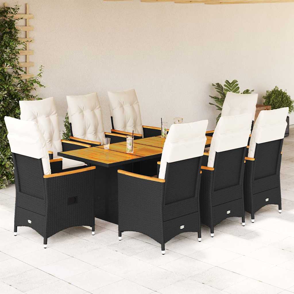 Vetonek Set de comedor de jardín 9 pzas y cojines ratán sintético negro