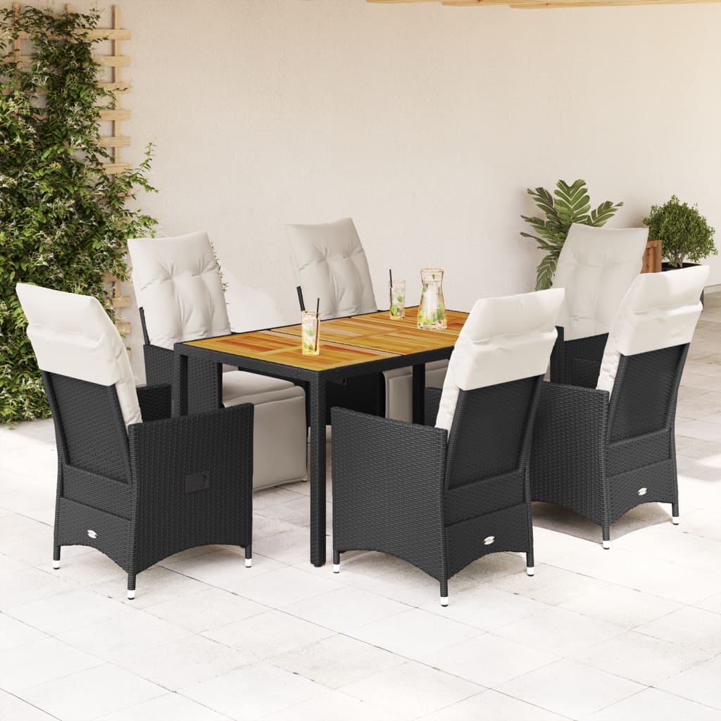 Vetonek Set de comedor de jardín 7 pzas y cojines ratán sintético negro