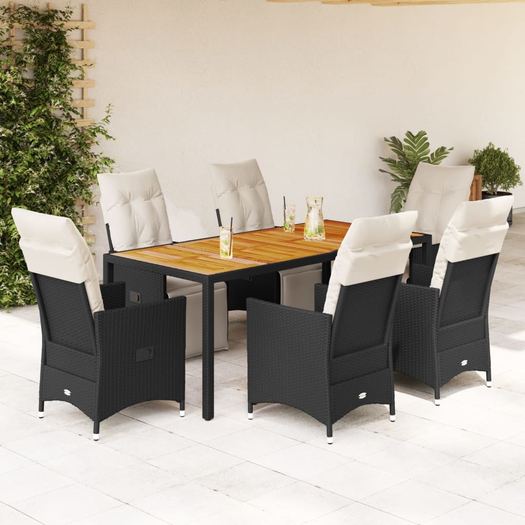 Vetonek Set de comedor de jardín 7 pzas y cojines ratán sintético negro