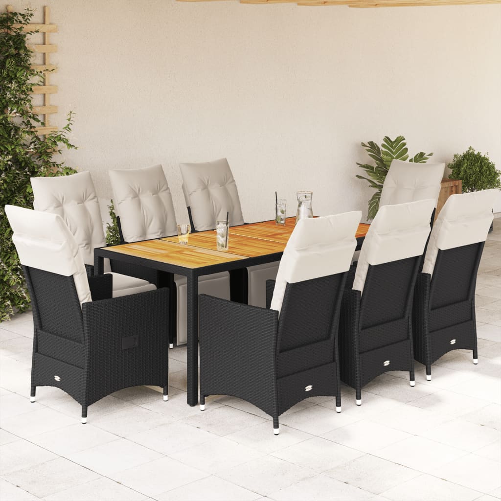 Vetonek Set de comedor de jardín 9 pzas y cojines ratán sintético negro