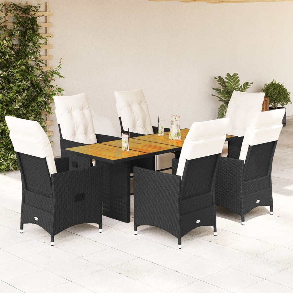 Vetonek Set de comedor de jardín 7 pzas y cojines ratán sintético negro