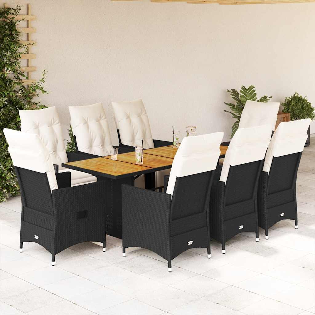 Vetonek Set de comedor de jardín 9 pzas y cojines ratán sintético negro