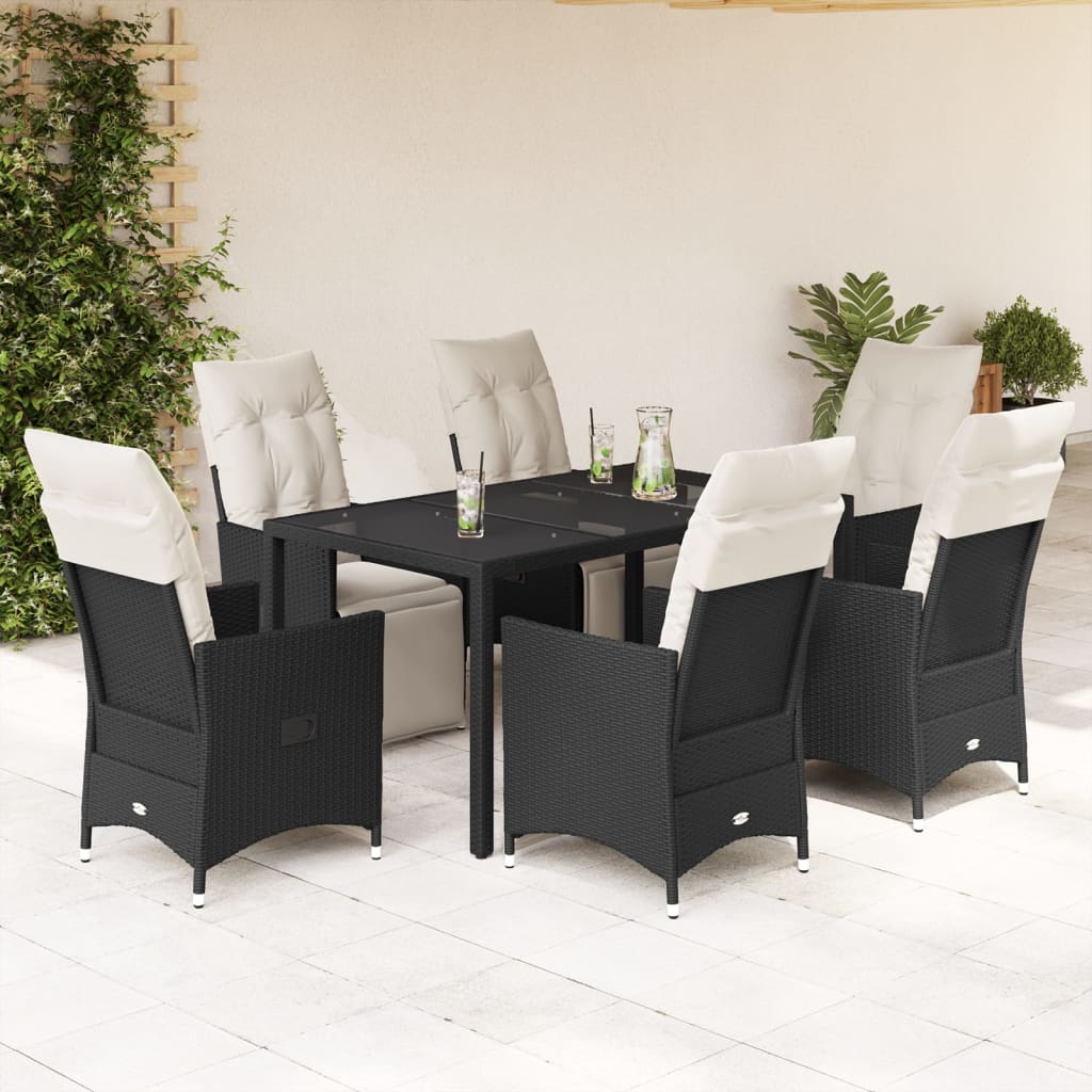 Vetonek Set de comedor de jardín 7 pzas y cojines ratán sintético negro