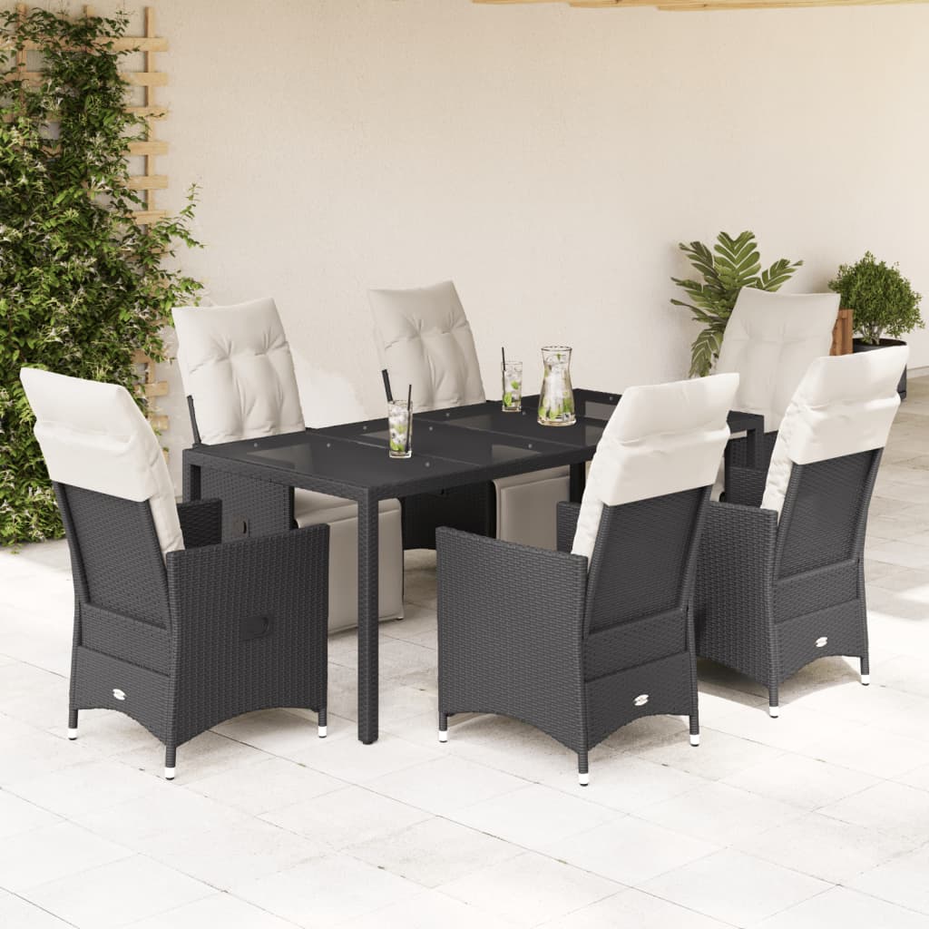 Vetonek Set de comedor de jardín 7 pzas y cojines ratán sintético negro