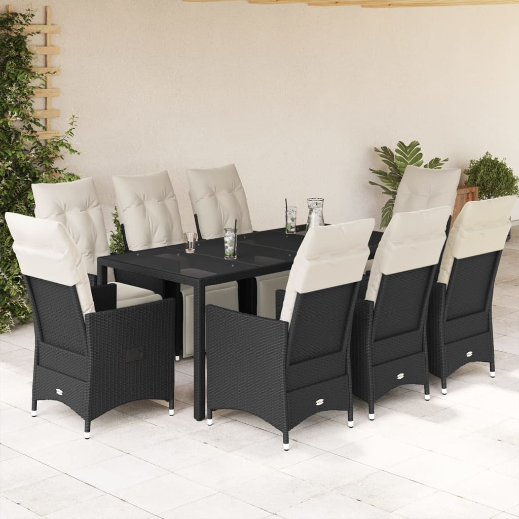 Vetonek Set de comedor de jardín 9 pzas y cojines ratán sintético negro