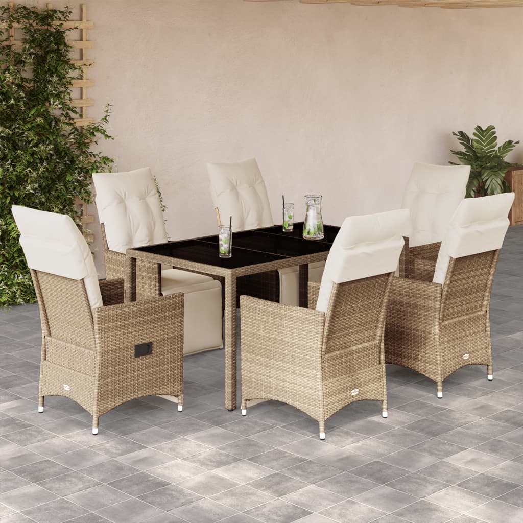 Vetonek Set de mesa y sillas de jardín 7 pzas y cojines ratán PE beige