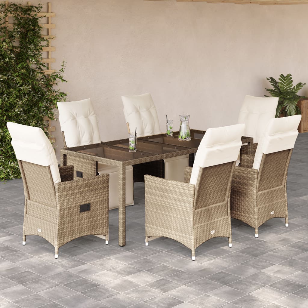 Vetonek Set de mesa y sillas de jardín 7 pzas y cojines ratán PE beige