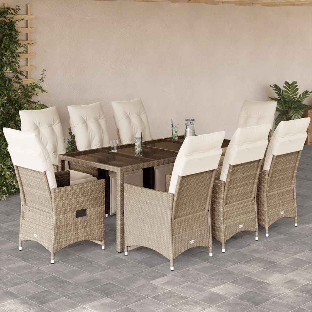 Vetonek Set de mesa y sillas de jardín 5 pzas y cojines ratán PE beige