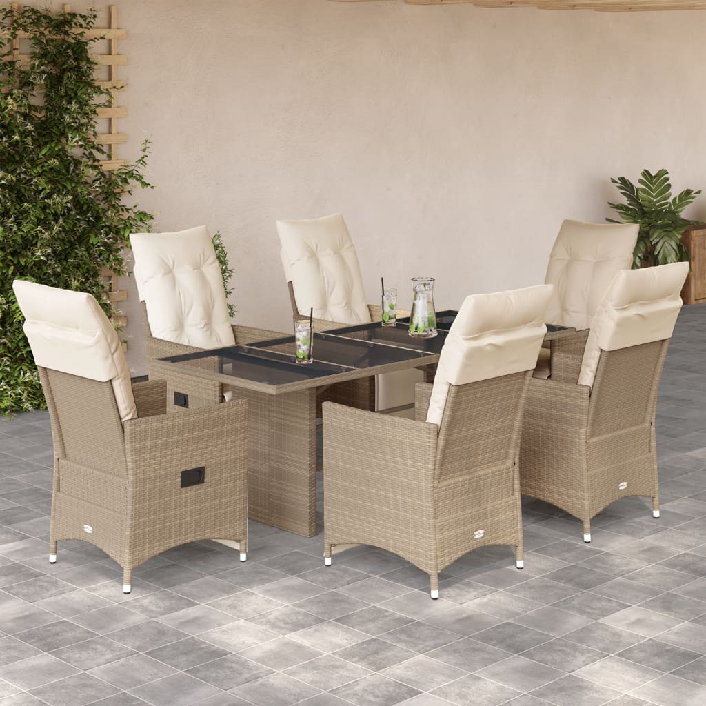 Vetonek Set de mesa y sillas de jardín 7 pzas y cojines ratán PE beige