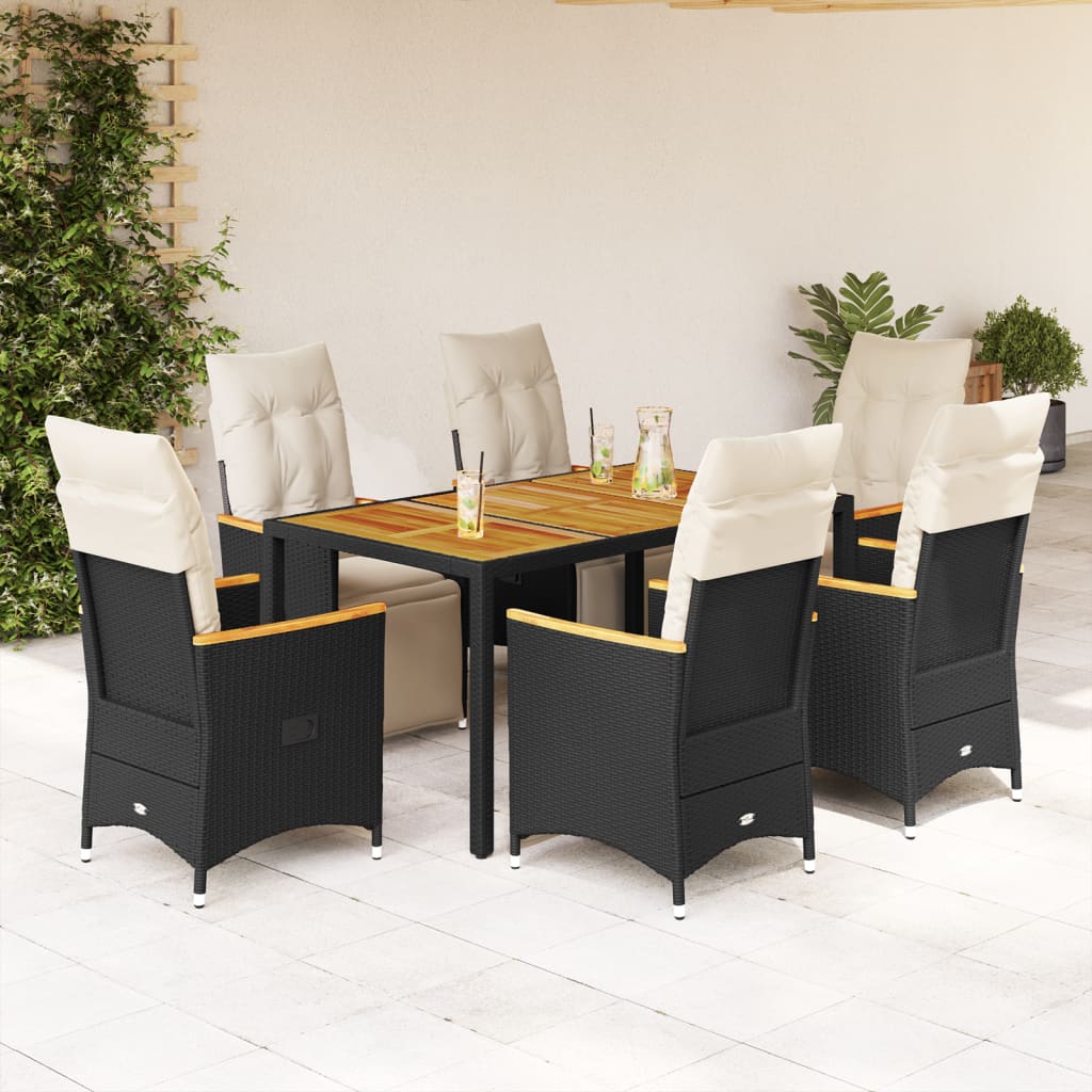 Vetonek Set de mesa y sillas de jardín 7 pzas y cojines ratán PE negro