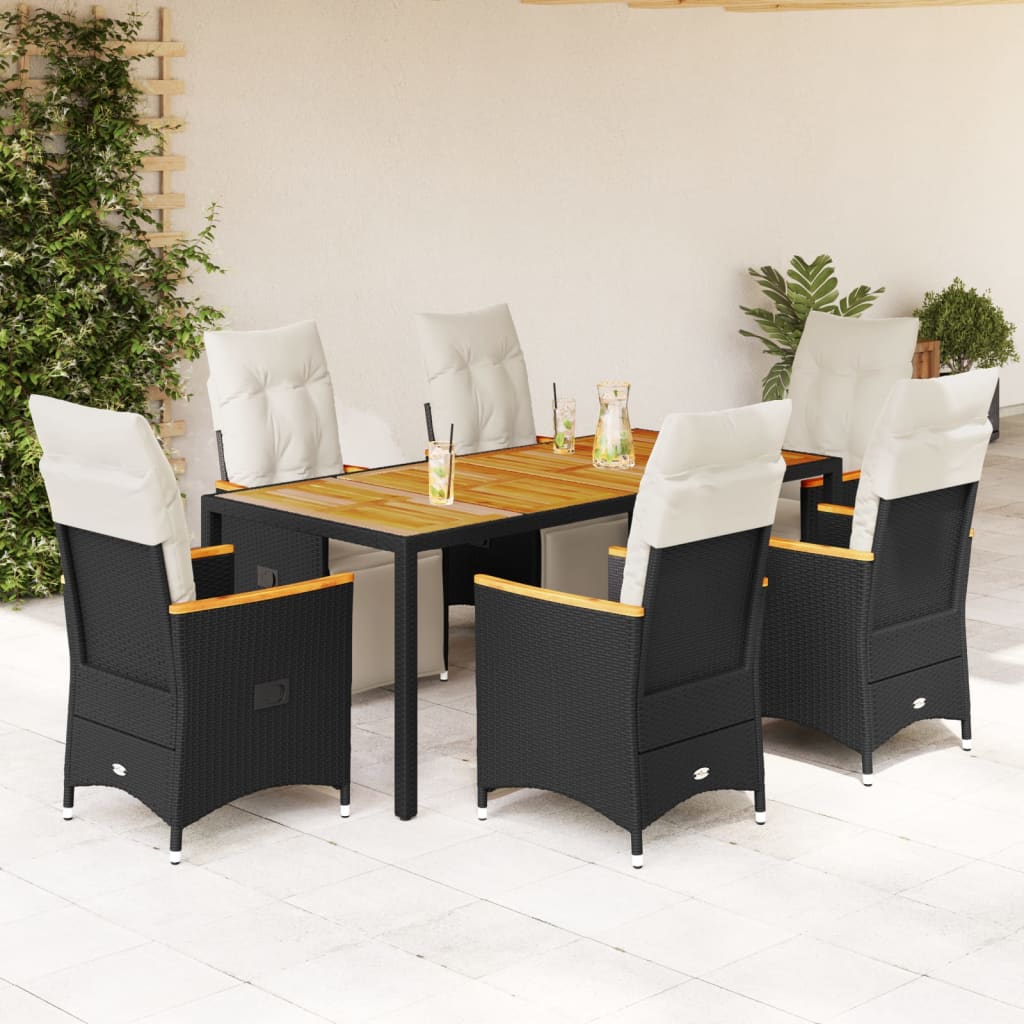 Vetonek Set de mesa y sillas de jardín 7 pzas y cojines ratán PE negro