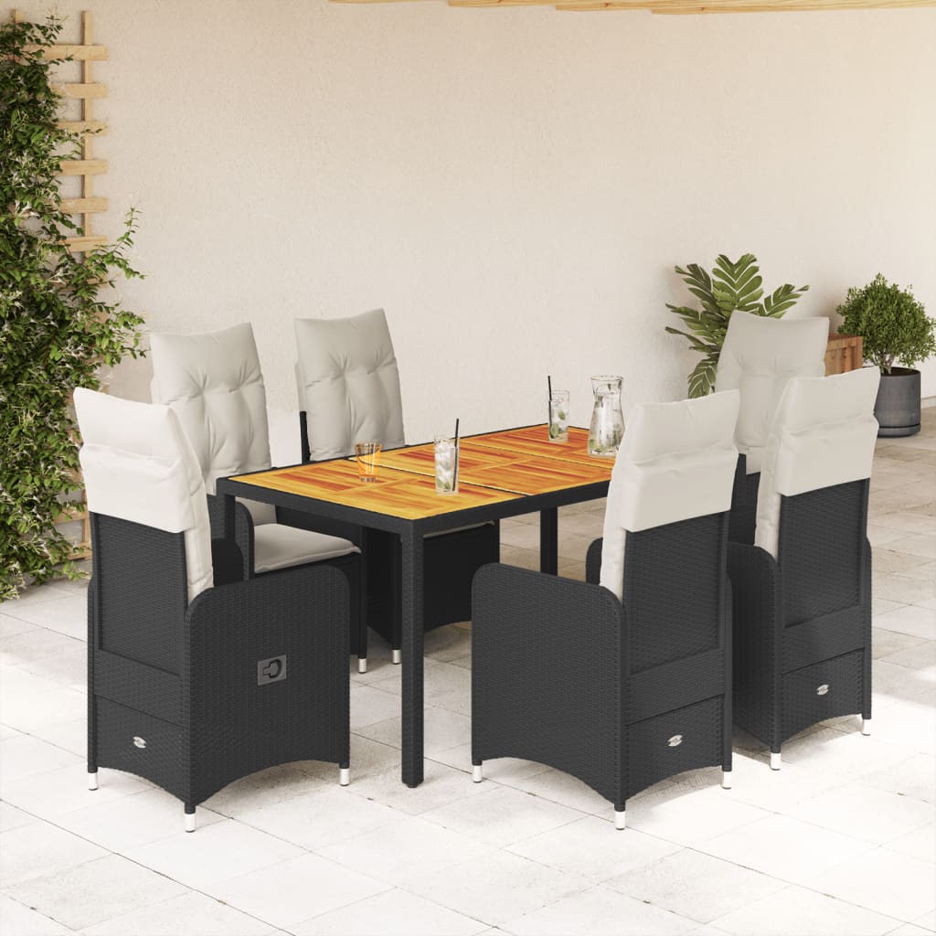 Vetonek Set de mesa y sillas de jardín 7 pzas y cojines ratán PE negro