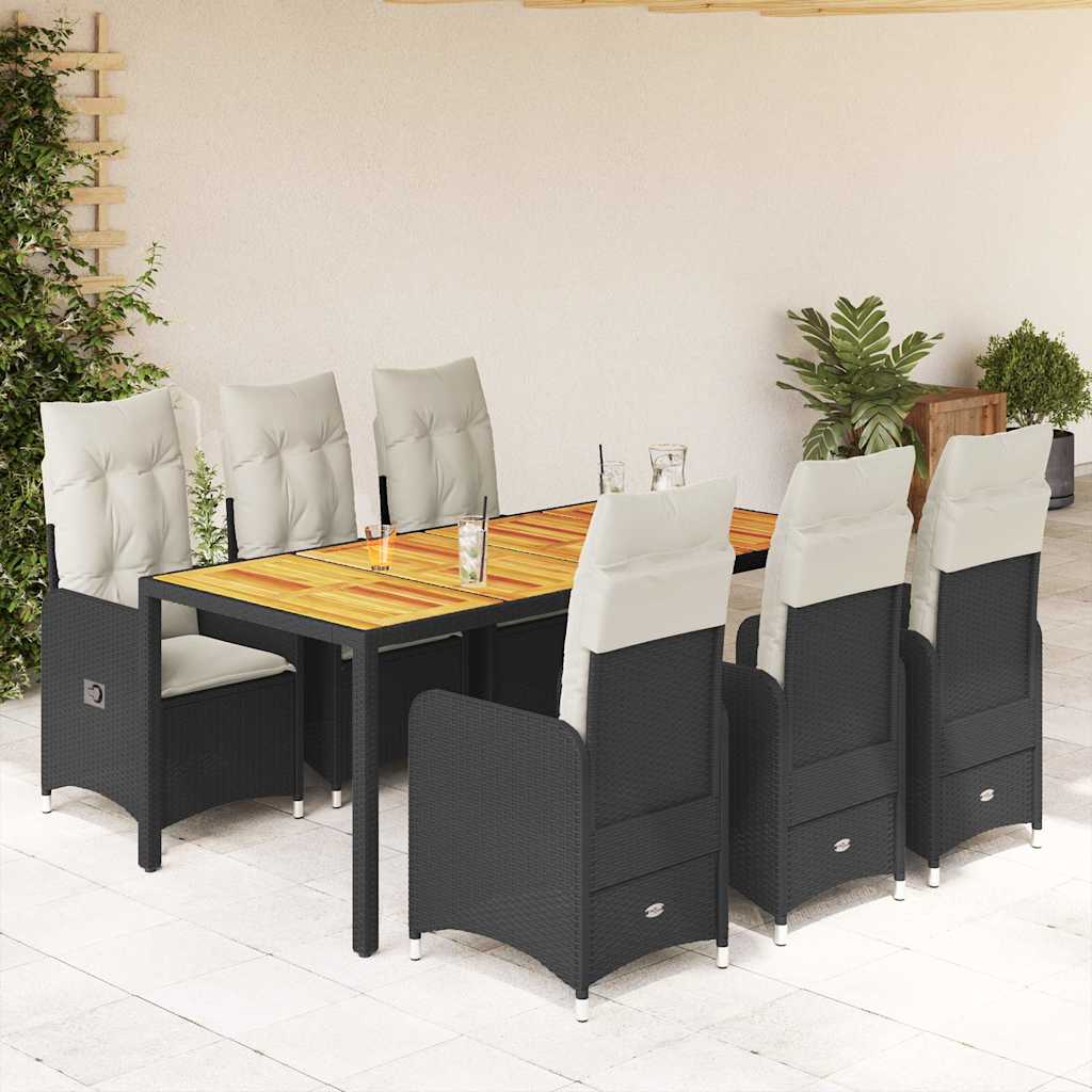 Vetonek Set de mesa y sillas de jardín 7 pzas y cojines ratán PE negro