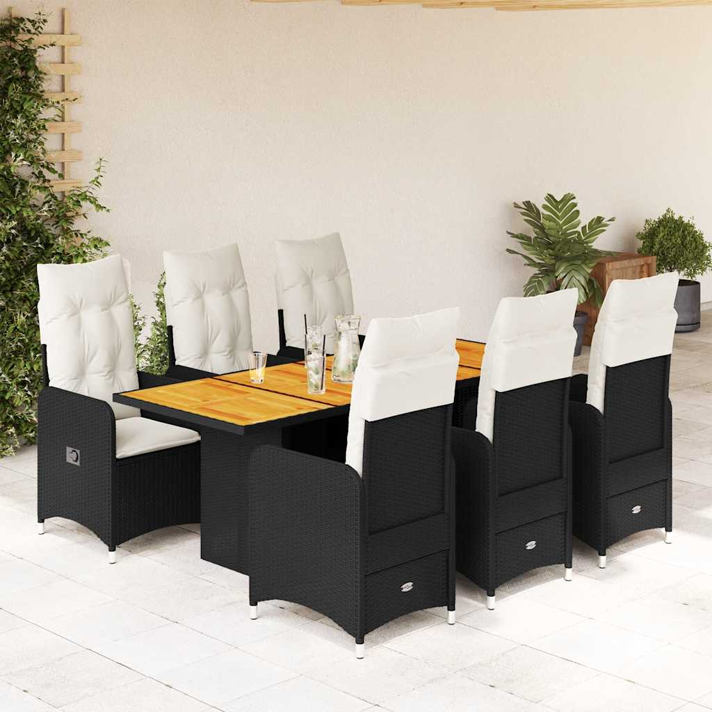 Vetonek Set de mesa y sillas de jardín 7 pzas y cojines ratán PE negro