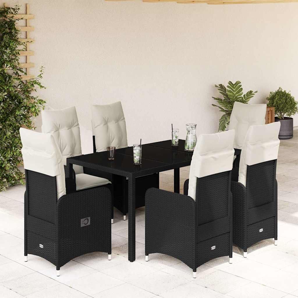 Vetonek Set de mesa y sillas de jardín 7 pzas y cojines ratán PE negro