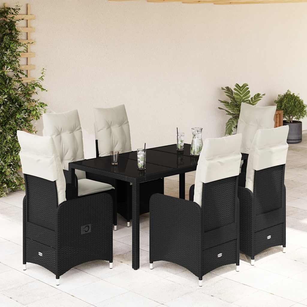 Vetonek Set de mesa y sillas de jardín 7 pzas y cojines ratán PE negro