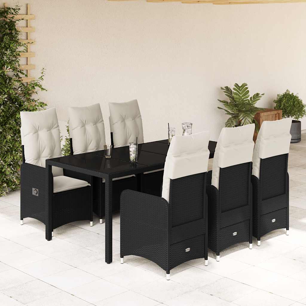 Vetonek Set de mesa y sillas de jardín 7 pzas y cojines ratán PE negro