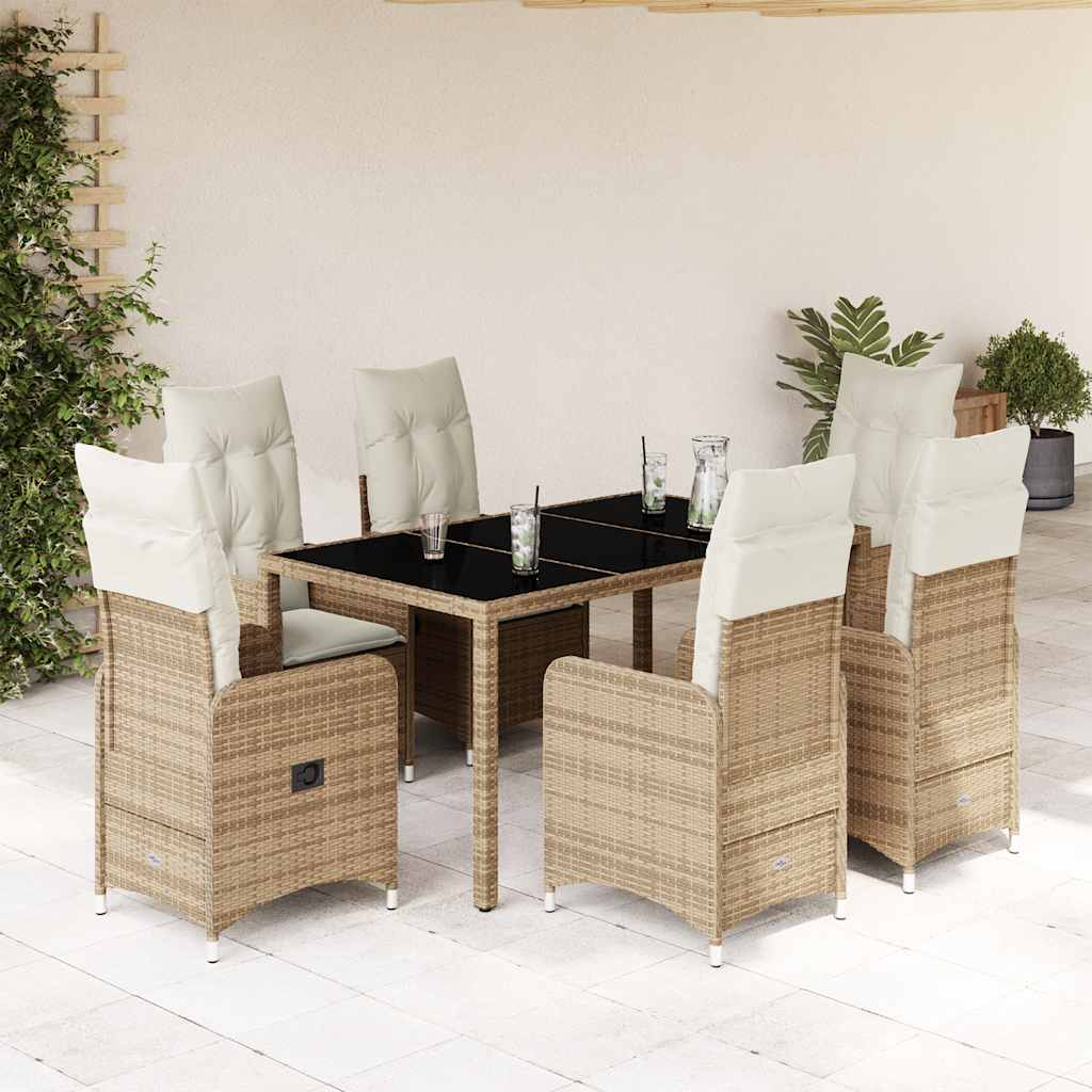 Vetonek Set de mesa y sillas de jardín 7 pzas y cojines ratán PE beige