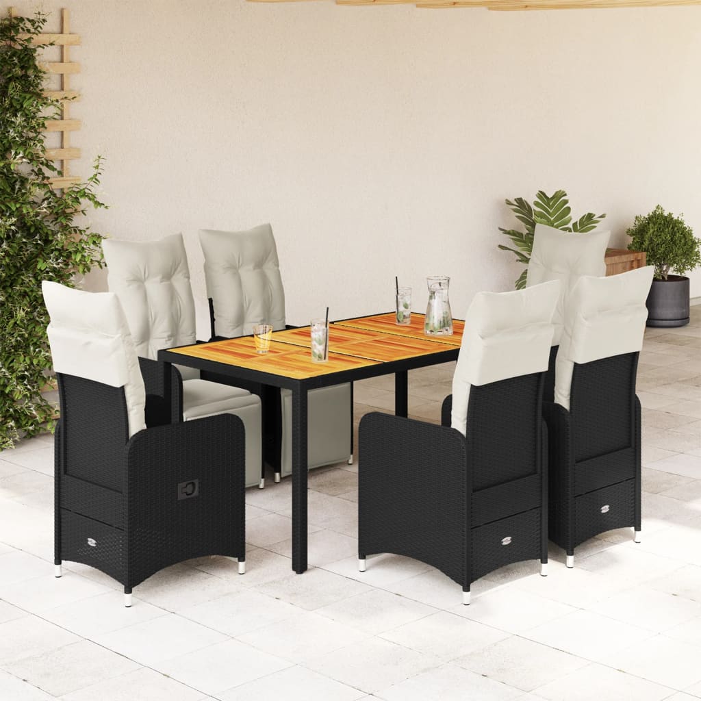 Vetonek Set de mesa y sillas de jardín 7 pzas y cojines ratán PE negro