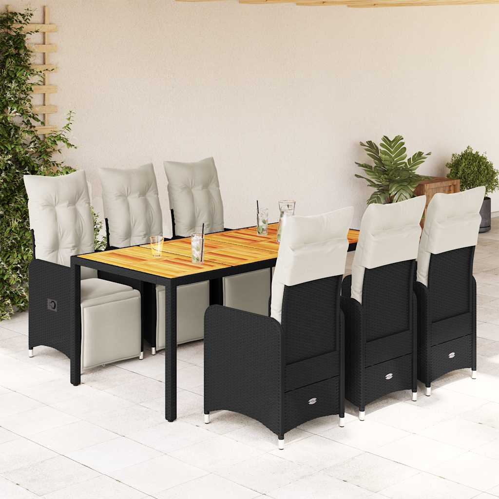 Vetonek Set de mesa y sillas de jardín 7 pzas y cojines ratán PE negro