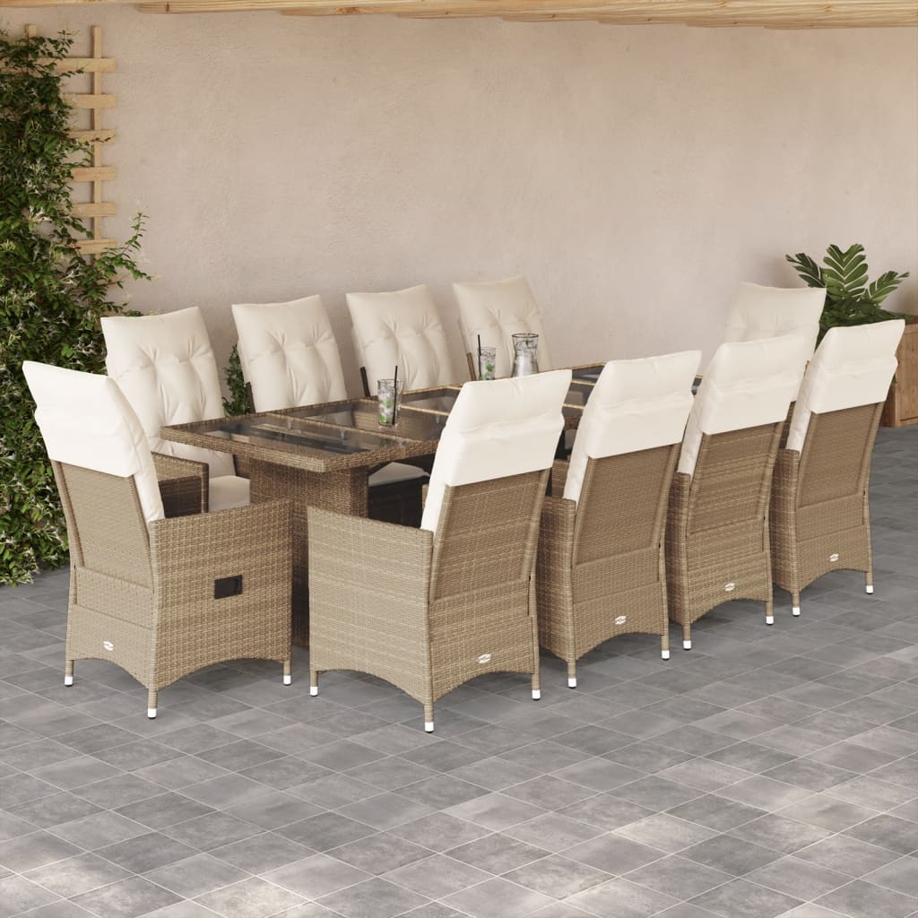 Vetonek Set de mesa y sillas de jardín 11 pzas y cojines ratán PE beige