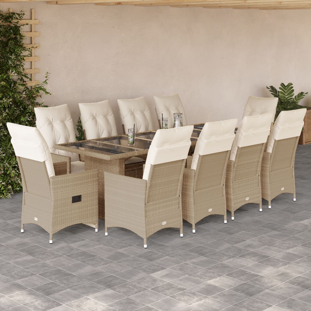 Vetonek Set de mesa y sillas de jardín 11 pzas y cojines ratán PE beige