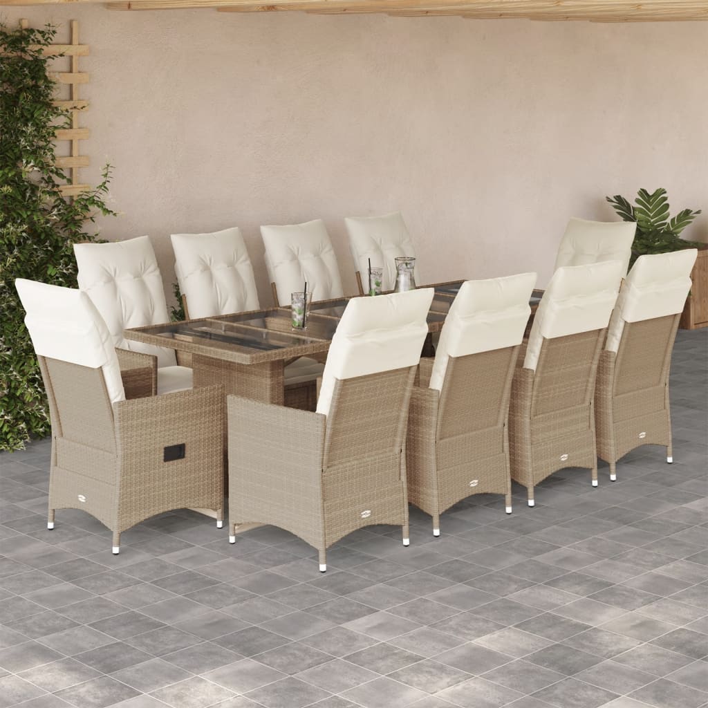 Vetonek Set de mesa y sillas de jardín 11 pzas y cojines ratán PE beige