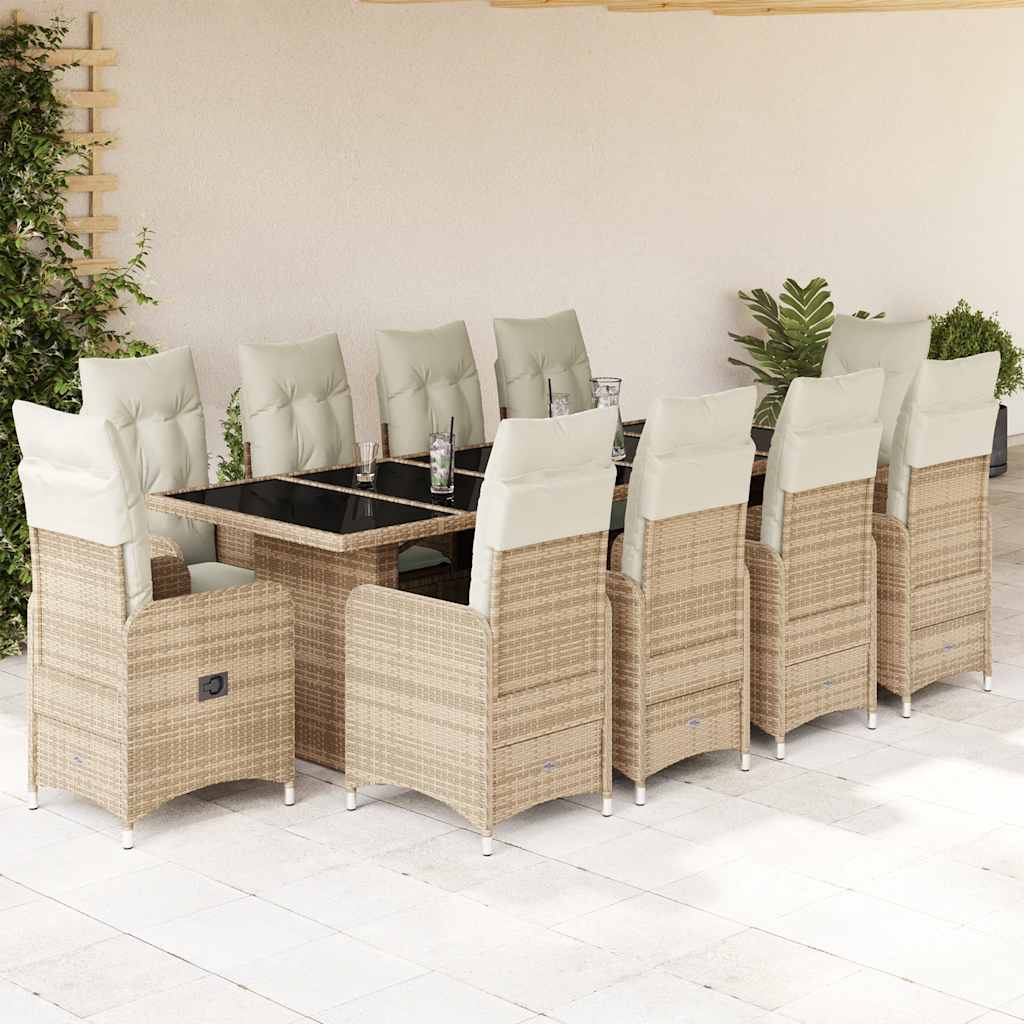 Vetonek Set de mesa y sillas de jardín 11 pzas y cojines ratán PE beige