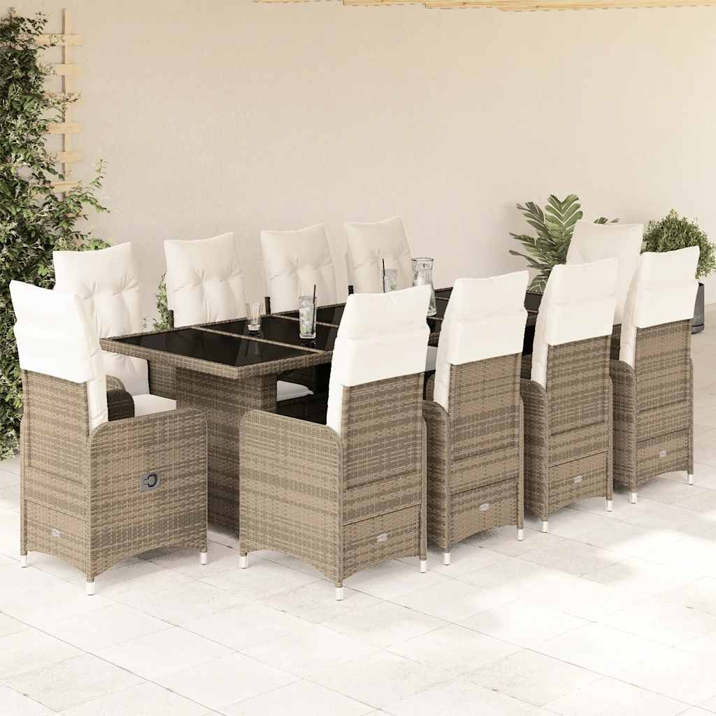 Vetonek Set de mesa y sillas de jardín 11 pzas y cojines ratán PE beige