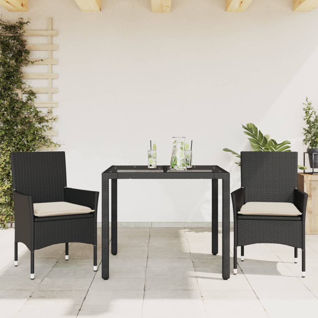 Vetonek Set comedor jardín 3 pzas cojines ratán sintético vidrio negro