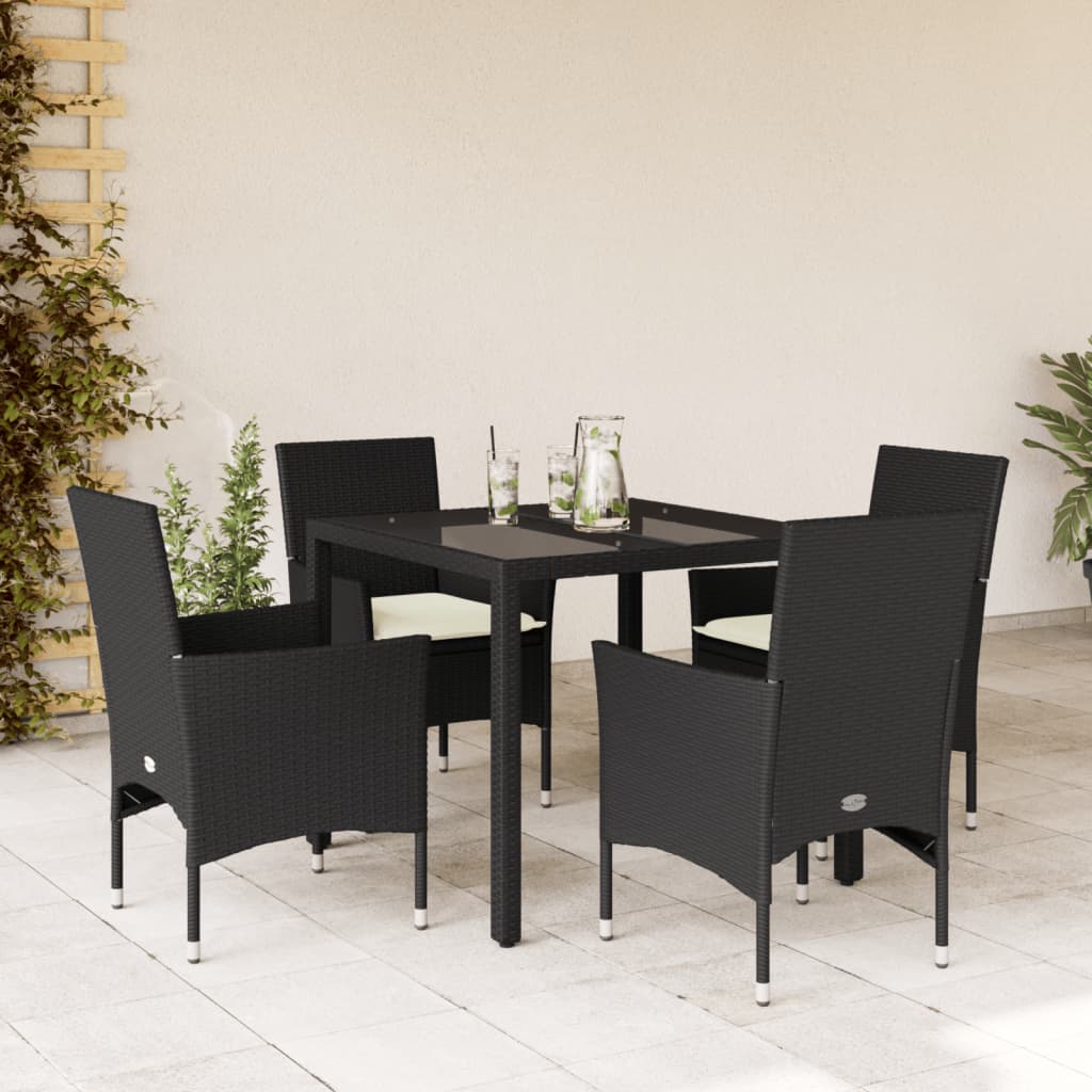 Vetonek Set comedor jardín 5 pzas cojines ratán sintético vidrio negro