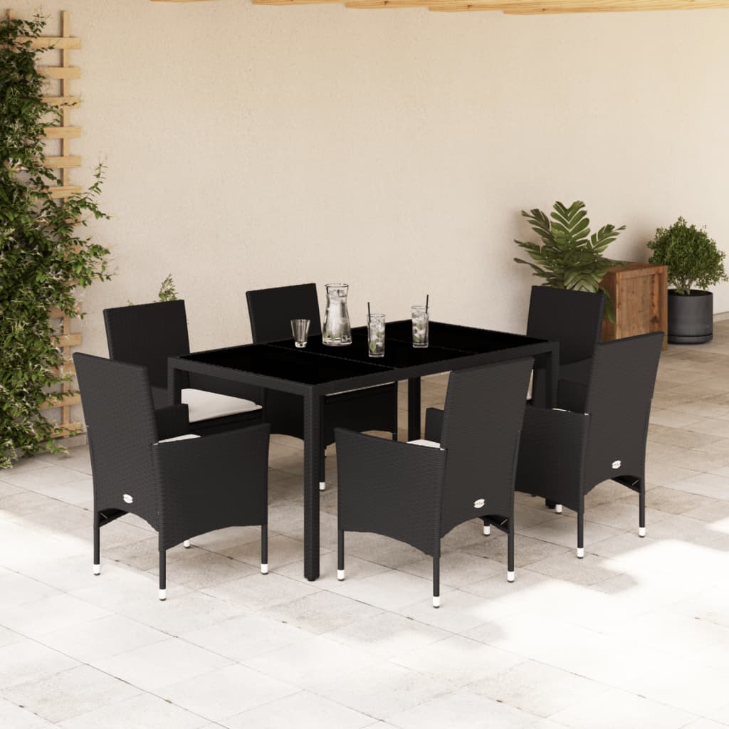 Vetonek Set comedor jardín 7 pzas cojines ratán sintético vidrio negro