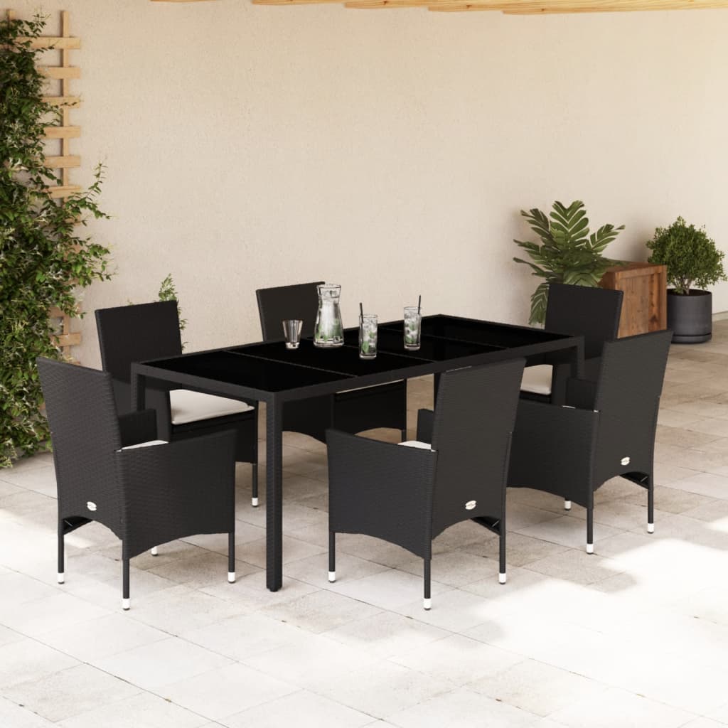 Vetonek Set comedor jardín 7 pzas cojines ratán sintético vidrio negro